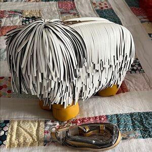 NWT White and Yellow Fringe Shaggy DogShaped Bag